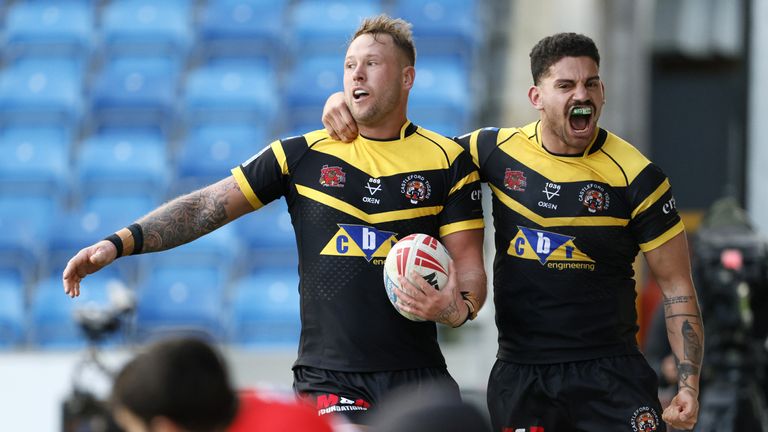 Castleford Tigers' Joe Westerman celebrates scoring their side's third try of the game during the Betfred Super League match at the Salford Community Stadium, Salford. Picture date: Sunday February 25, 2024.