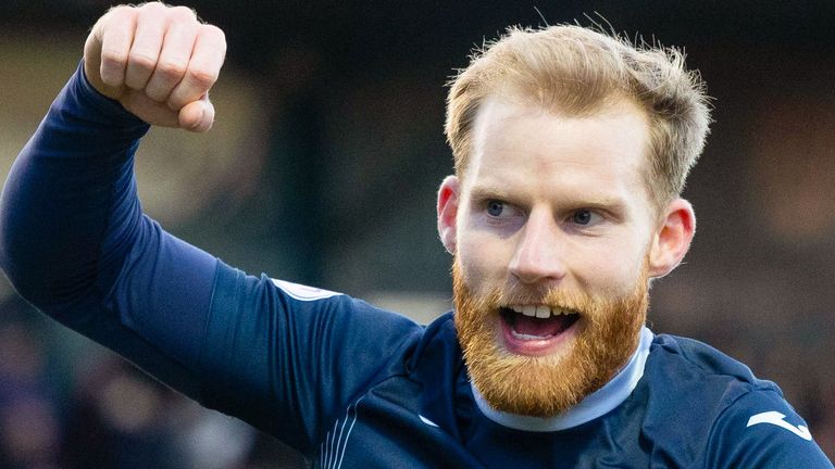 DINGWALL, SCOTLAND - FEBRUARY 24: Ross County's Josh Sims celebrates scoring to make it 3-2 during a cinch Premiership match between Ross County and Livingston at the Global Energy Stadium, on February 24, 2024, in Dingwall, Scotland. (Photo by Mark Scates / SNS Group)