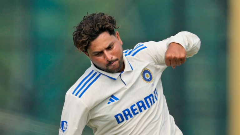 India's Kuldeep Yadav, center, celebrates the wicket of England's Zak Crawley on the third day of the fourth cricket test match between England and India in Ranchi, India, Sunday, Feb. 25, 2024. (AP Photo/Ajit Solanki)