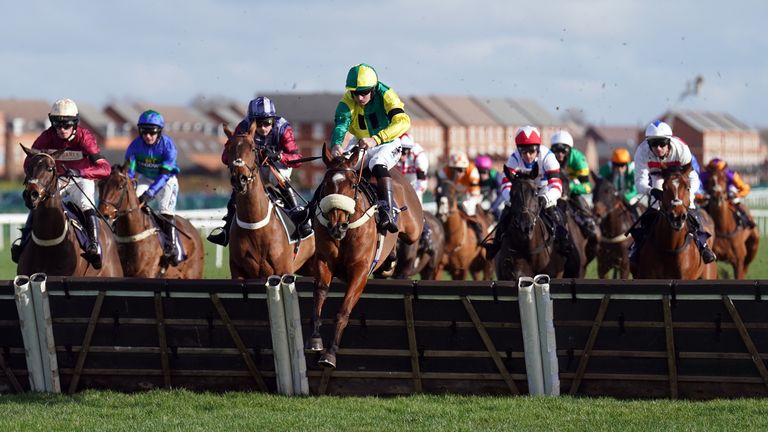 Making Headway clears a hurdle in the opener on Super Saturday at Newbury