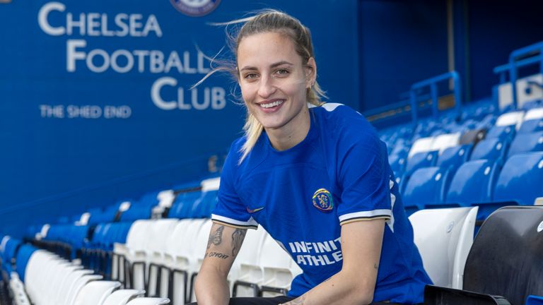 Sweden international Nathalie Bjorn poses for a photo at Stamford Bridge after joining Chelsea from WSL rivals Everton