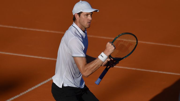 Nicolas Jarry, of Chile, celebrates a point during an Argentina Open ATP semifinal tennis match against Carlos Alcaraz, of Spain, at the Guillermo Vilas Stadium, in Buenos Aires, Argentina, Saturday, Feb. 17, 2024. (AP Photo/Gustavo Garello)