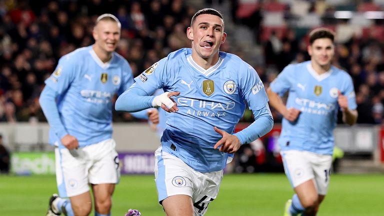 Phil Foden celebrates scoring for Man City vs Brentford