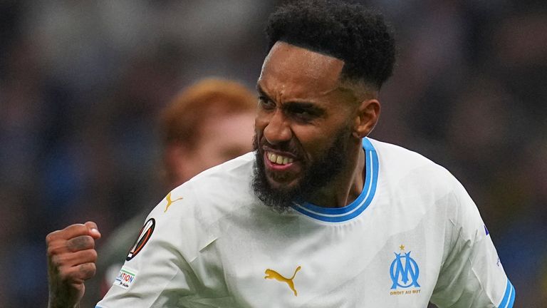 Marseille's Pierre-Emerick Aubameyang... gestures during the Europa League play off second leg soccer match between Marseille and Shakhtar Donetsk at Velodrome stadium, in Marseille, France, Thursday, Feb. 22, 2024. (AP Photo/Daniel Cole)