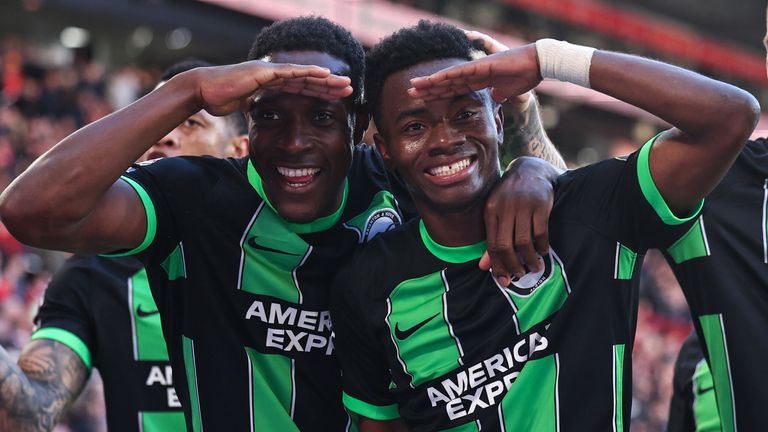 Simon Adingra celebrates with Danny Welbeck after scoring Brighton's fourth goal at Bramall Lane