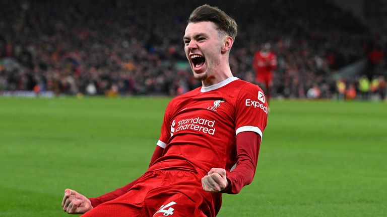 Conor Bradley celebrates after giving Liverpool a 2-0 lead against Chelsea