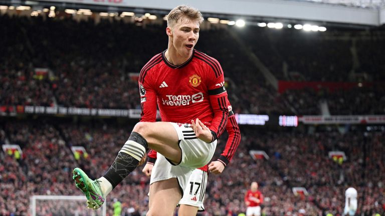 Rasmus Hojlund unveils an air guitar celebration after scoring against West Ham