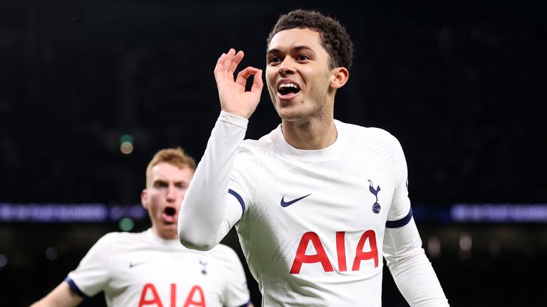 Brennan Johnson celebrates after giving Spurs a 2-1 lead against Brentford