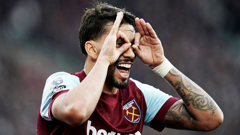 Lucas Paqueta celebrates after setting up Jarrod Bowen's opening goal against Manchester United