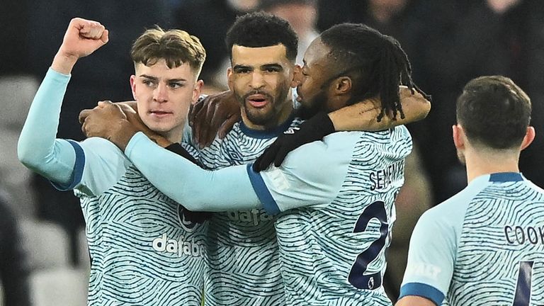 Dominic Solanke celebrates after giving Bournemouth an early lead at West Ham