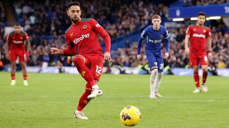 Matheus Cunha completes his hat-trick from the penalty spot at Stamford Bridge