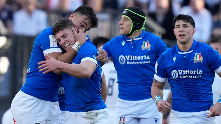 Alessandro Garbisi celebrates his opening try against England