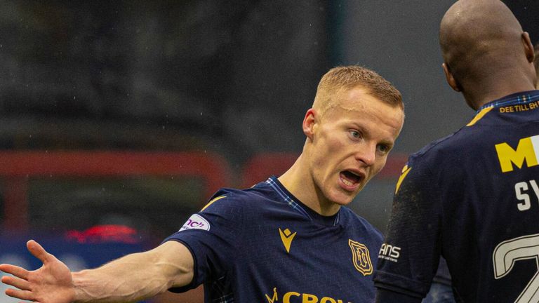 DUNDEE, SCOTLAND - FEBRUARY 17: Dundee's Scott Tiffoney celebrates scoring to make it 2-0 during a cinch Premiership match between Dundee and Ross County at the Scot Foam Stadium at Dens Park, on February 17, 2024, in Dundee, Scotland. (Photo by Ross Parker / SNS Group)