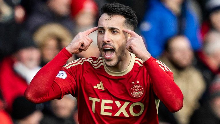 Bojan Miovski celebrates after giving Aberdeen the lead at home to Celtic