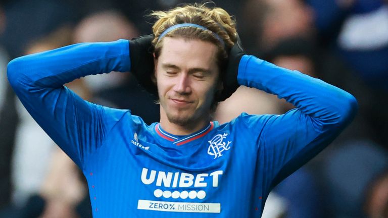 Todd Cantwell celebrates after scoring Rangers' third goal against Livingston