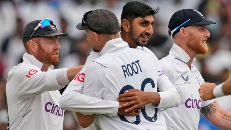 England's Shoaib Bashir, center, facing the camera, celebrates the wicket of India's Ravindra Jadeja on the second day of the fourth cricket test match between England and India in Ranchi, India, Saturday, Feb. 24, 2024. (AP Photo/Ajit Solanki)