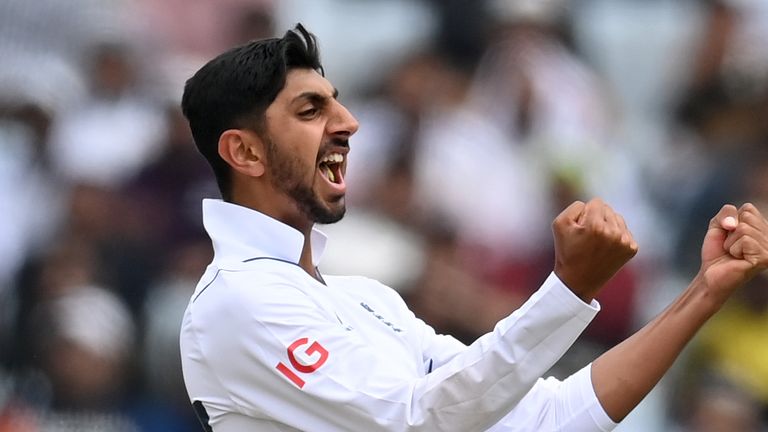 Shoaib Bashir celebrates his maiden five-wicket haul in Test cricket