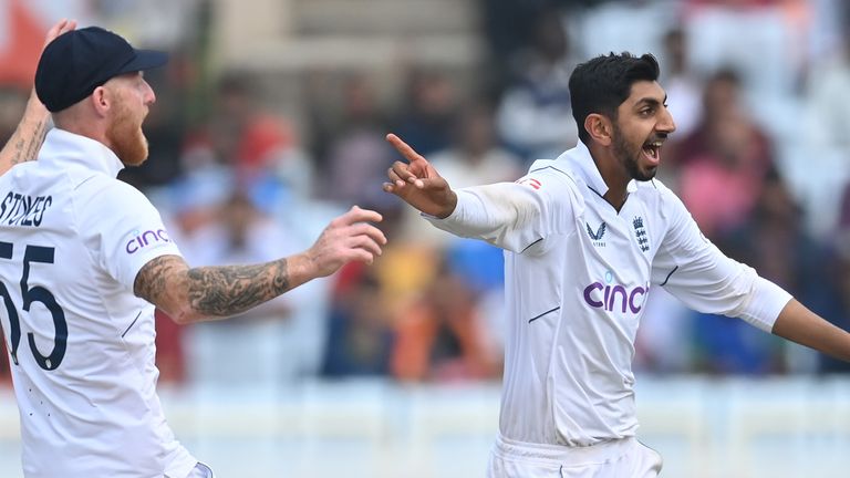 Shoaib Bashir celebrates a wicket on day four of the fourth Test in Ranchi