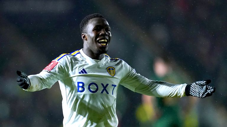 Wilfried Gnonto celebrates his goal for Leeds