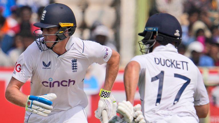 England's Zak Crawley and Ben Duckett run between the wickets on the second day of the second cricket test match between India and England in Visakhapatnam, India, Saturday, Feb. 3, 2024. (AP Photo/Manish Swarup)