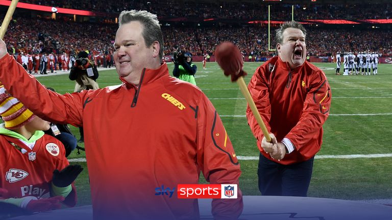 Emmy award winning actor Eric Stonestreet beat the war drum before the Kansas City Chiefs NFL football game against the Denver Broncos in Kansas City, Mo., Sunday, Nov. 30, 2014. 