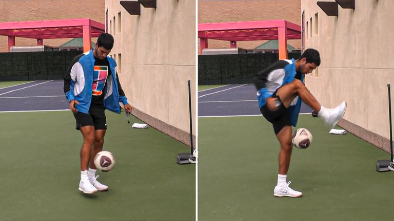 Carlos Alcaraz warms up with a football