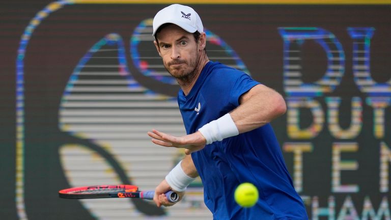 Andy Murray of Great Britain returns the ball to Denis Shapovalov of Canada during a match of the Dubai Duty Free Tennis Championships in Dubai, United Arab Emirates, Monday, Feb. 26, 2024. (AP Photo/Kamran Jebreili)