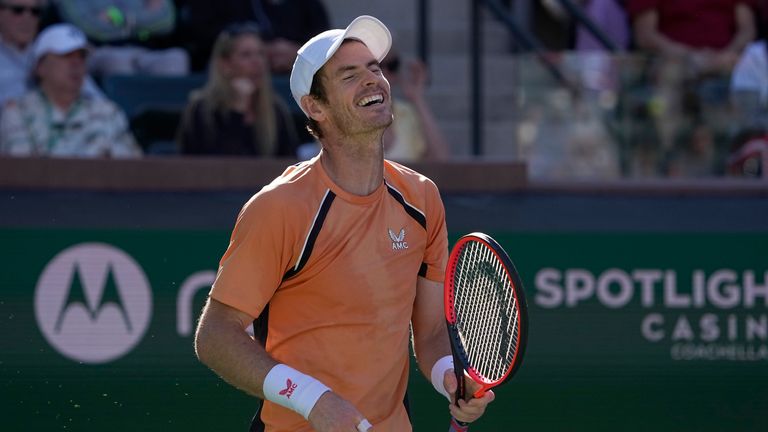 Andy Murray, of Great Britain, reacts after winning a point against Andrey Rublev, of Russia, at the BNP Paribas Open tennis tournament in Indian Wells, Calif., Friday, March 8, 2024. (AP Photo/Mark J. Terrill)