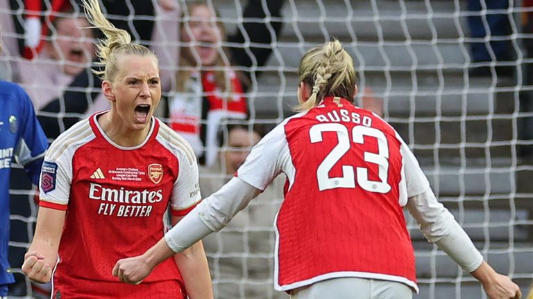 Arsenal's Stina Blackstenius celebrates her late winner with Alessia Russo