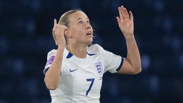 Beth Mead celebrates as she scores to make it 4-0 to England