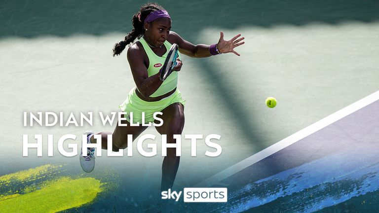 Coco Gauff returns to Yue Yuan during a quarterfinal match at the BNP Paribas Open