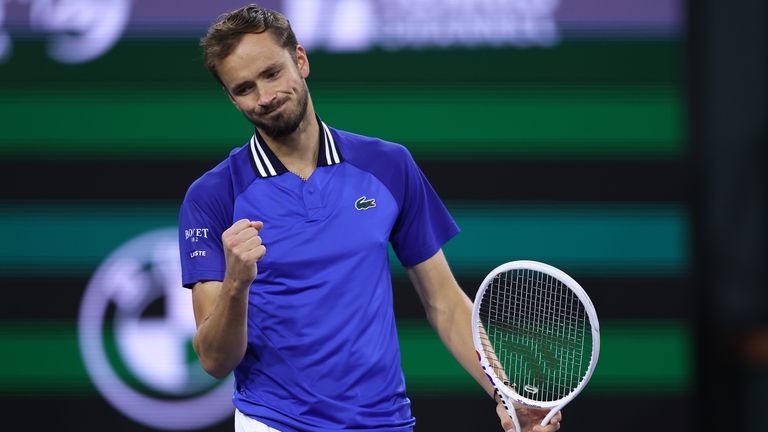 Daniil Medvedev celebrates a point against Holger Rune of Denmark in their Quarterfinal match during the BNP Paribas Open at Indian Wells Tennis Garden on March 14, 2024 in Indian Wells, California. (Photo by Clive Brunskill/Getty Images)