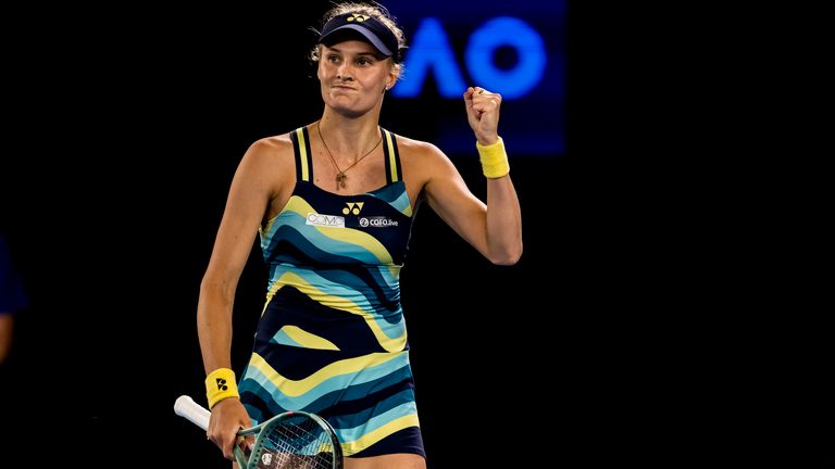 MELBOURNE, VIC - JANUARY 25: Dayana Yastremska of Ukraine celebrates during the semifinals of the 2024 Australian Open on January 25 2024, at Melbourne Park in Melbourne, Australia. (Photo by Jason Heidrich/Icon Sportswire) (Icon Sportswire via AP Images)