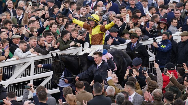 Paul Townend celebrates winning a second successive Gold Cup aboard Galopin Des Champs