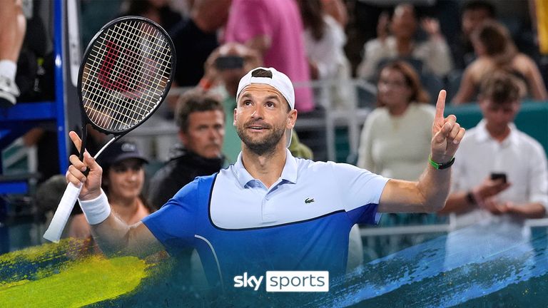 Grigor Dimitrov, of Bulgaria, celebrates after defeating Alexander Zverev, of Germany, in the semifinals of the Miami Open tennis tournament Friday, March 29, 2024, in Miami Gardens, Fla. (AP Photo/Marta Lavandier)