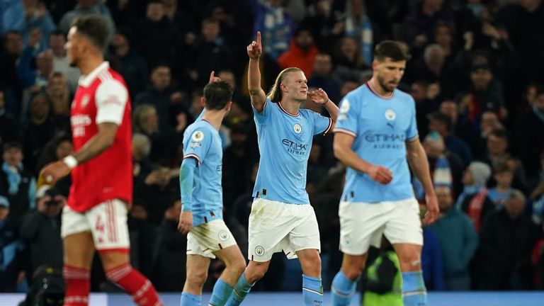  Erling Haaland celebrates scoring Manchester City's fourth goal of the game during the Premier League match at the Etihad Stadium