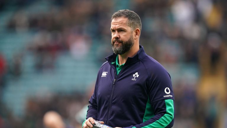 Ireland head coach Andy Farrell watches over the warm-up before the Guinness Six Nations match at Twickenham Stadium, London. Picture date: Saturday March 9, 2024.
