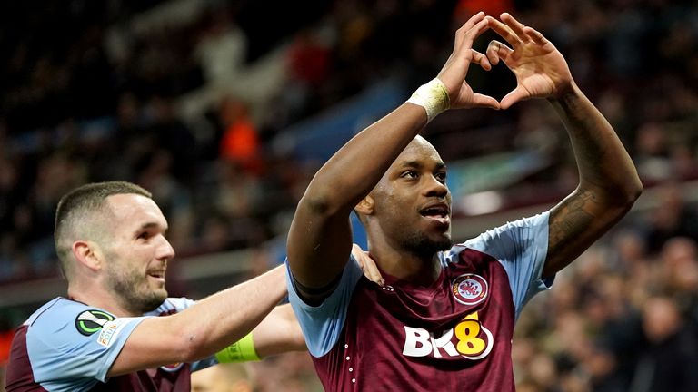 Jhon Duran celebrates after scoring Aston Villa's third goal against Ajax