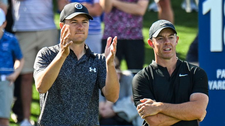 PONTE VEDRA BEACH, FLORIDA - MARCH 14:  Rory McIlroy of Northern Ireland reacts and speaks to Jordan Spieth about where his tee shot crossed into the water on the 18th hole during the first round of THE PLAYERS Championship on the Stadium Course at TPC Sawgrass on March 14, 2024, in Ponte Vedra Beach, Florida. (Photo by Keyur Khamar/PGA TOUR via Getty Images)