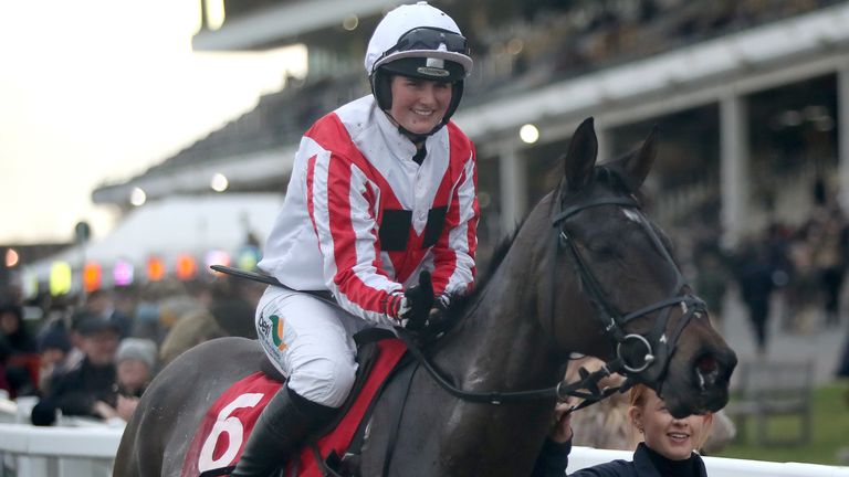 Latenightpass and Gina Andrews after winning the Glenfarclas Crystal Cup Cross Country Handicap Chase during day one of the The Christmas Meeting at Cheltenham