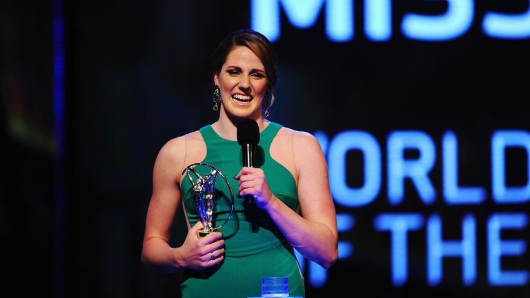 The youngest winner of the Laureus World Sportswoman of the Year Missy Franklin speaks on stage in Kuala Lumpur in Malaysia.