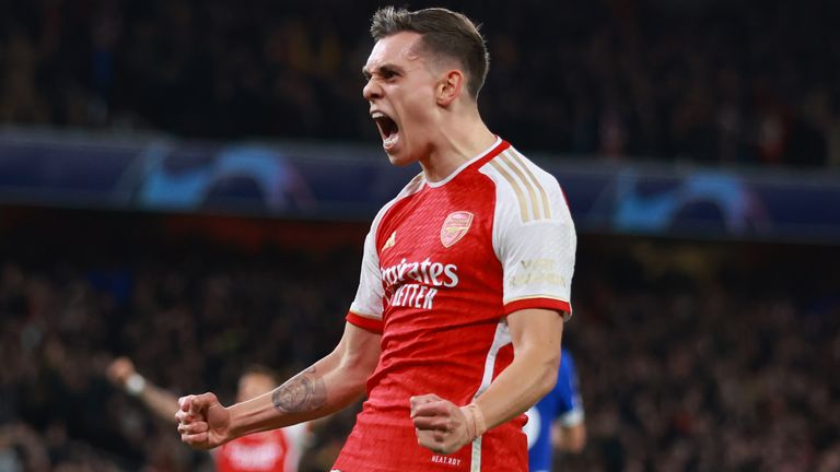 Leandro Trossard celebrates scoring for Arsenal against Porto