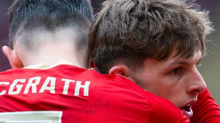 MOTHERWELL, SCOTLAND - MARCH 16: Aberdeen's Leighton Clarkson celebrates with Jamie McGrath after making it 1-0 during a cinch Premiership match between Motherwell and Aberdeen at Fir Park, on March 16, 2024, in Motherwell, Scotland. (Photo by Mark Scates / SNS Group)