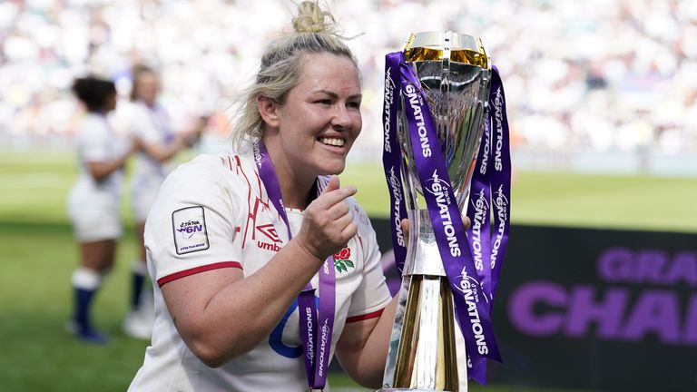 England v France - TikTok Women's Six Nations - Twickenham Stadium
England's Marlie Packer celebrates with the Women's Six Nations trophy after the TikTok Women's Six Nations at Twickenham Stadium, London. Picture date: Saturday April 29, 2023.