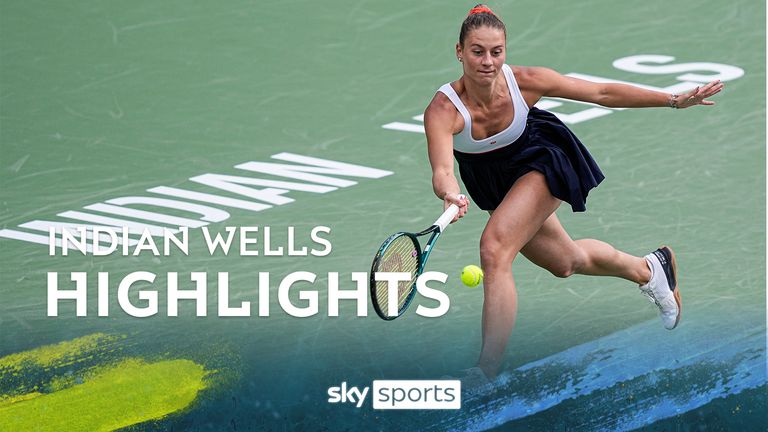 Marta Kostyuk returns to Anastasia Potapova during a quarterfinal match at the BNP Paribas Open tennis tournament