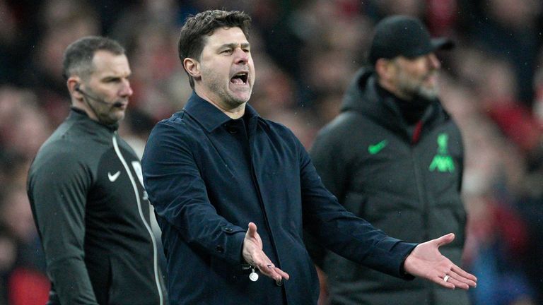 Chelsea's head coach Mauricio Pochettino reacts on the sideline