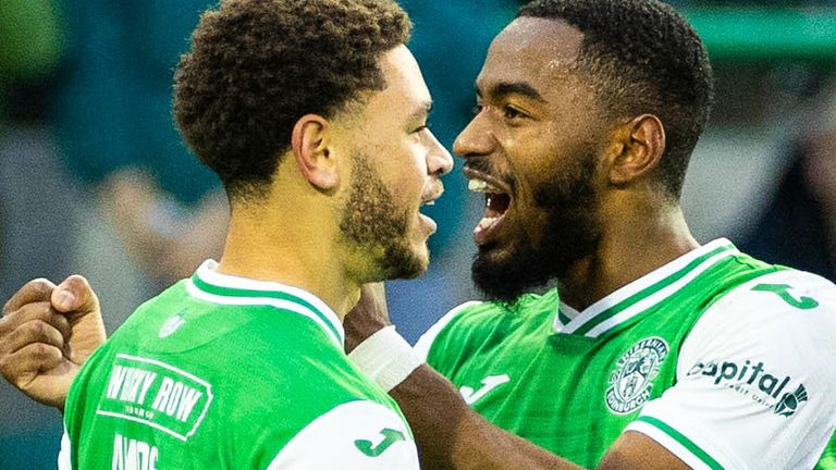 EDINBURGH, SCOTLAND - FEBRUARY 24: Hibernian's Myziane Maolida celebrates with Luke Amos after scoring to make it 2-1 during a cinch Premiership match between Hibernian and Dundee at Easter Road Stadium, on February 24, 2024, in Edinburgh, Scotland. (Photo by Roddy Scott / SNS Group)