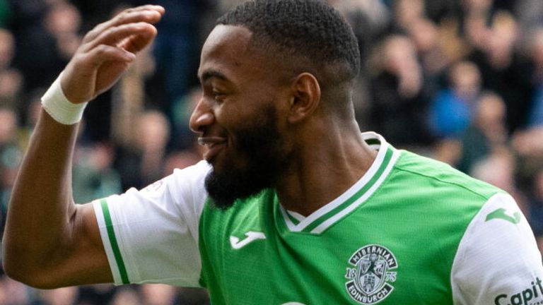 EDINBURGH, SCOTLAND - MARCH 16: Hibernian's Myziane Maolida celebrates scoring to make it 2-0 during a cinch Premiership match between Hibernian and Livingston at Easter Road Stadium, on March 16, 2024, in Edinburgh, Scotland. (Photo by Paul Devlin / SNS Group)