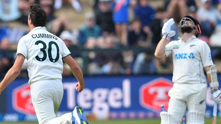 Australia's Pat Cummins celebrates the wicket of New Zealand's Kane Williamson in Christchurch (Getty Images)