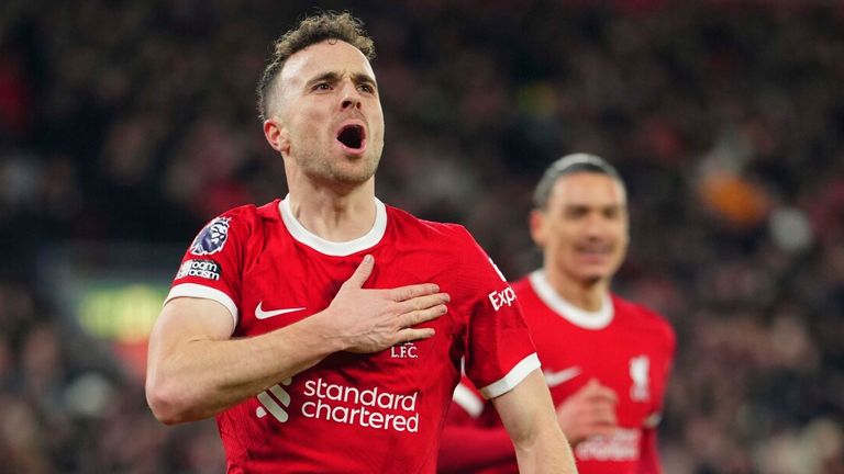 Diogo Jota celebrates after opening the scoring for Liverpool against Chelsea